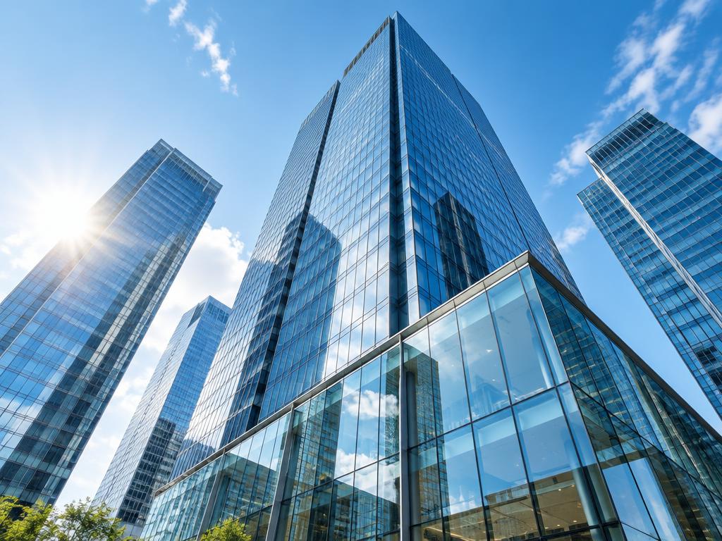 Modern glass buildings in a financial district